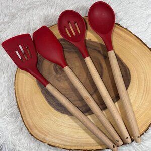 NWOT 4pc Red Silicone and Wood Cooking Utensils Spatulas and Spoons Set